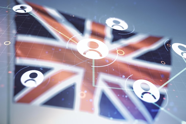 Abstract virtual social network concept on flag of Great Britain and sunset sky background Multiexposure