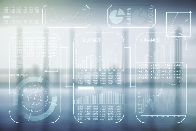 Foto ologramma astratto dei dati delle statistiche virtuali su sfondo vuoto dell'ufficio aziendale multiesposizione