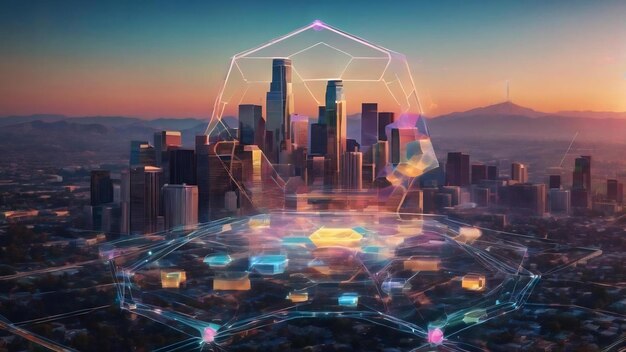 Абстрактная виртуальная беспроводная технология голограмма с шестиугольником на горизонте Лос-Анджелеса фон больших данных