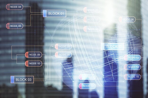 Abstract virtueel coderingsconcept en wereldkaarthologram op de achtergrond van kantoorgebouwen Multi-exposure