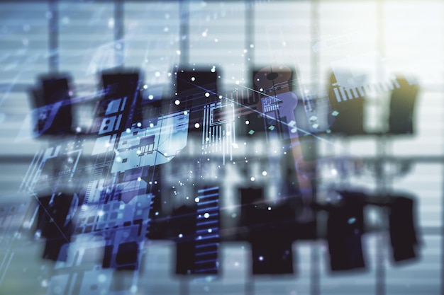 Abstract virtueel coderingsconcept op een moderne conferentieruimte achtergrond Multiexposure