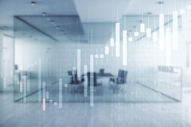 Abstract virtueel financieel grafiek hologram op een modern gemeubileerd kantoor achtergrond forex en beleggingsconcept Multiexposure