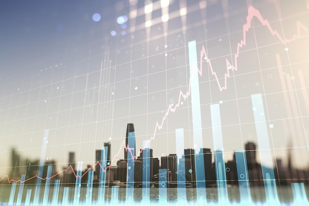 Abstract virtueel financieel grafiekhologram op de horizonachtergrond van San Francisco forex en investeringsconcept