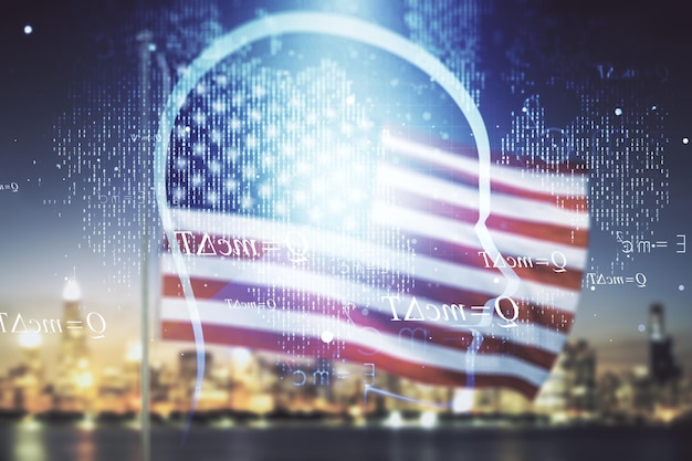Abstract virtueel kunstmatige intelligentie concept met menselijk hoofd schets op de Amerikaanse vlag en wazige wolkenkrabbers achtergrond Dubbele belichting