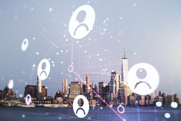 Abstract virtueel sociaal netwerkconcept op de achtergrond van de skyline van de stad New York Multiexposure