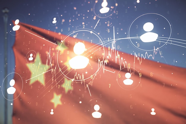 Abstract virtueel sociaal netwerkhologram op Chinese vlag en blauwe hemelachtergrond Dubbele blootstelling