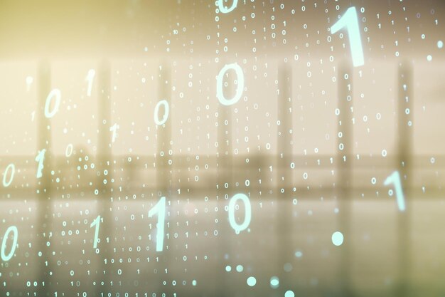 Abstract virtuele binaire code schets over lege klas achtergrond hacking en matrix concept Multiexposure