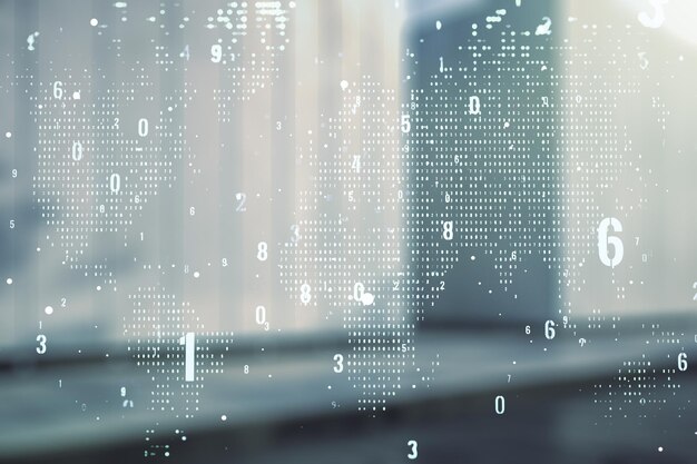 Abstract virtuele codering illustratie en wereldkaart op wazig hedendaagse kantoorgebouw achtergrond internationaal softwareontwikkelingsconcept Multiexposure