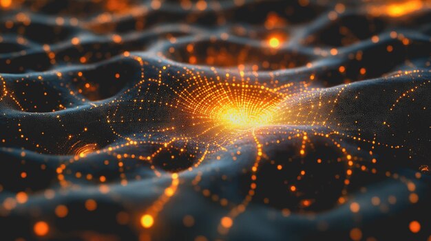 Абстрактная визуализация взаимосвязанных потоков данных, представляющих сеть с динамическими шаблонами и светящимися узлами в сюрреалистической среде