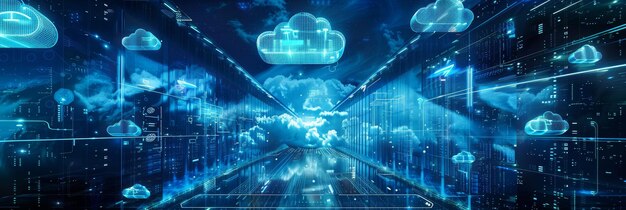 An abstract visualization of a modern data center showcasing the power ...