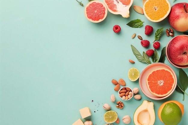 Abstract voedsel achtergrond met ingrediënten zoals fruit snoep en bessen in pastelkleuren