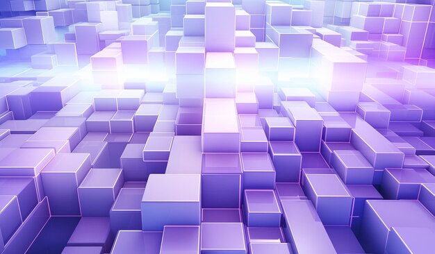 Abstract volume background composition of variously sized cubes in soft lavender and blue hues creating a glowing magical depth