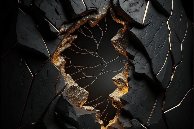 Abstract volumetric black rock wall with golden broken hole and cracks