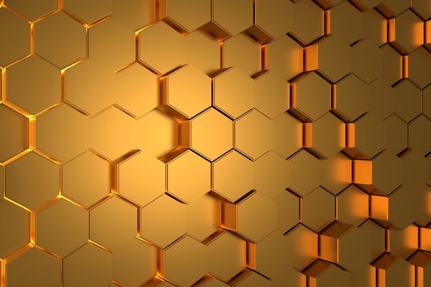 Abstract wall of golden hexagon. 3D rendering.