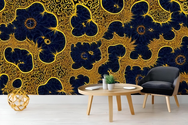 Abstract wall painting in blue and gold