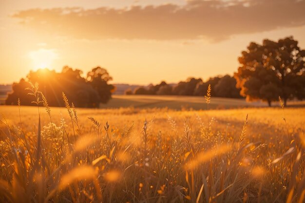 Photo abstract warm landscape of dry wildflower and grass meadow on warm golden hour sunset or sunrise time tranquil autumn fall nature field background soft golden hour sunlight panoramic countryside