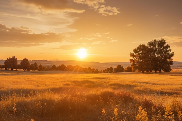 Abstract warm landscape of dry wildflower and grass meadow on warm golden hour sunset or sunrise time Tranquil autumn fall nature field background Soft golden hour sunlight panoramic countryside