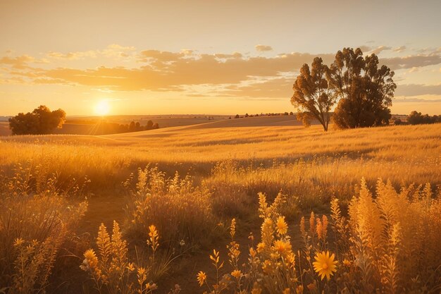 Abstract warm landscape of dry wildflower and grass meadow on warm golden hour sunset or sunrise time tranquil autumn fall nature field background soft golden hour sunlight panoramic countryside