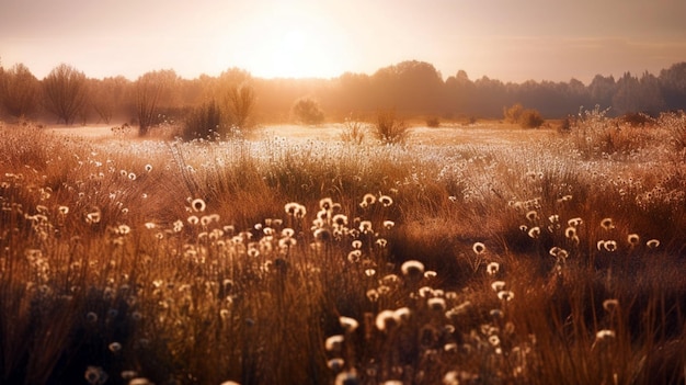 Abstract warm landschap van droge wilde bloemen en grasweide op warme gouden uurzonsondergang Generatieve Ai