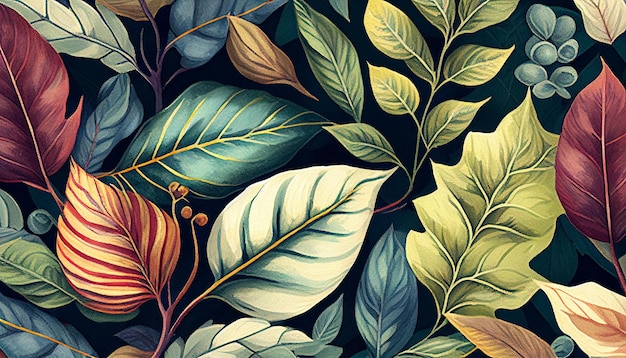 추상 물색 예술 열대 잎과 가지 배경 표지 초대 배너 생성 AI에 적합
