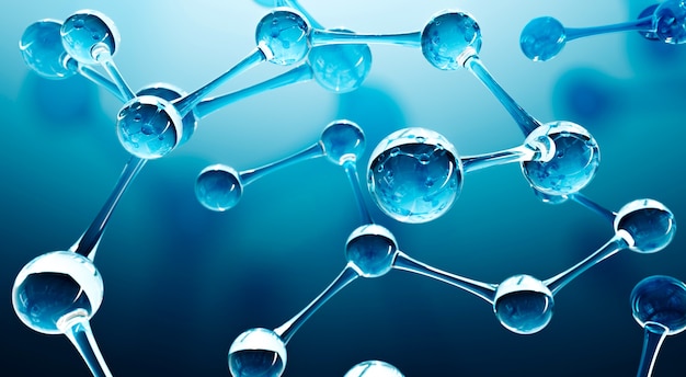 Progettazione astratta delle molecole d'acqua. formula degli atomi. sfondo astratto del dna per banner o volantino di scienza della chimica. scienza o background medico. illustrazione della rappresentazione 3d.