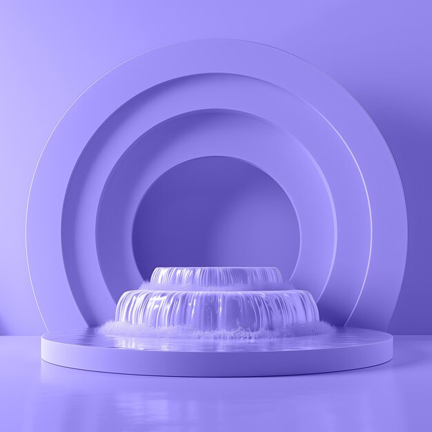 Abstract water scene design light purple podium with 3D round shapes and cascading waterfall