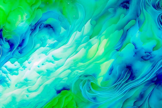 青とターコイズの絵の具を混ぜ合わせた抽象的な水彩画の背景 ジェネレーティブ AI