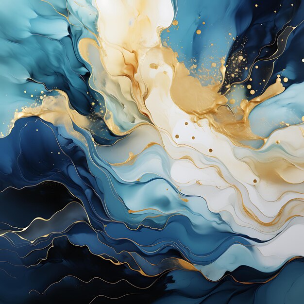 Abstract watercolor background gradient color mix marble like colorful white blue gold flow mixed