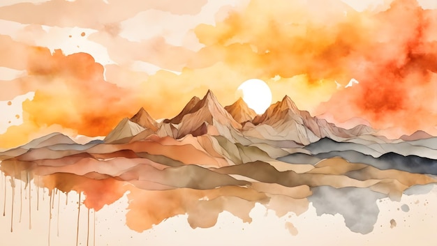 Abstract watercolor background vector Wallpaper design with paintbrush and line art Sun mountain