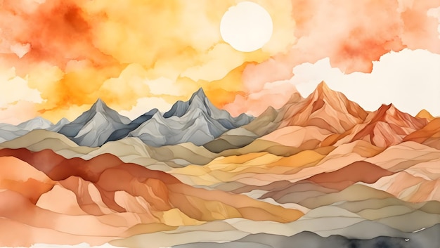 Abstract watercolor background vector Wallpaper design with paintbrush and line art Sun mountain