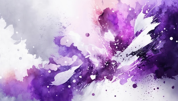 抽象的な水彩画の背景。紫と白のペンキの飛び散り。紫白の水彩画の壁紙。