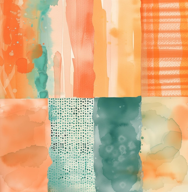 Abstract watercolor background with a vibrant mix of orange and blue hues accented with halftone patterns and dynamic splatters