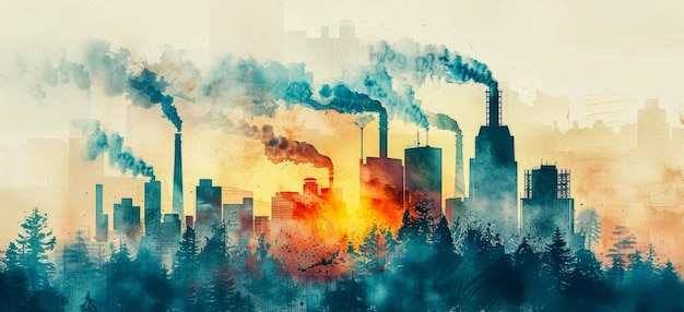 産業煙の抽象的な水彩の都市風景