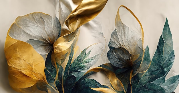 Abstract watercolor flowers Elegant luxurious floral background with space for text A poster or flyer with a golden texture of blooming flowers and leaves 3D illustration