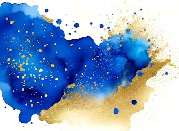 Abstract watercolor glitters art painting with alcohol ink blue and gold colors