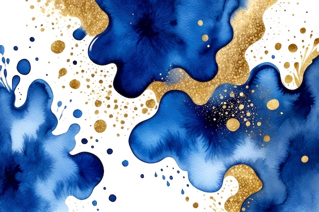 Photo abstract watercolor glitters art painting with alcohol ink blue and gold colors