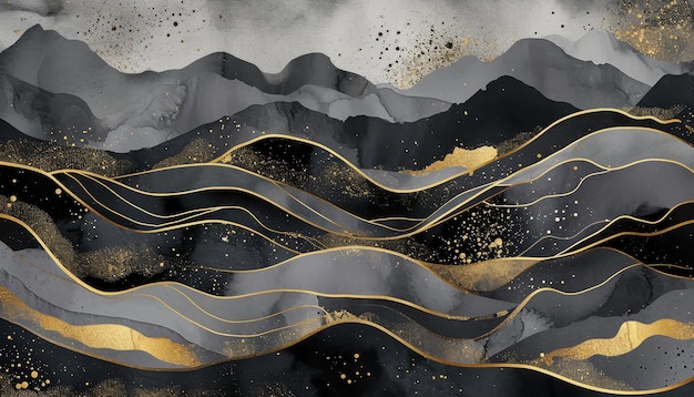 Abstract watercolor and golden with black ink mountains landscapes Wavy lines Fluid brush strokes