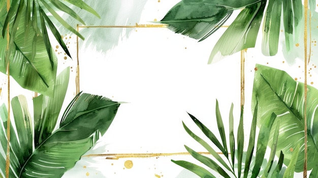 四角いフレームの熱帯のパームの葉と白に隔離された金色のブラッシュストロークの抽象的な水彩画