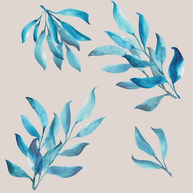 Abstract watercolor leaves in blue colors