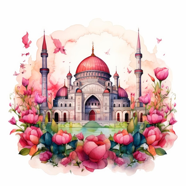 Abstract watercolor mosque with vibrant colors and watercolor mosque looking with floral and rose