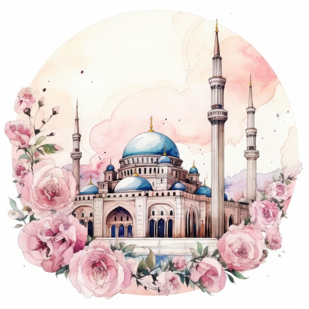 Abstract watercolor mosque with vibrant colors and watercolor mosque looking with floral and rose