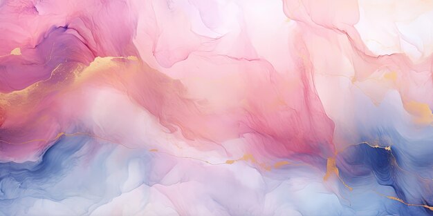 Abstract watercolor paint background illustration Soft pastel pink blue color and golden lines with liquid fluid marbled paper texture