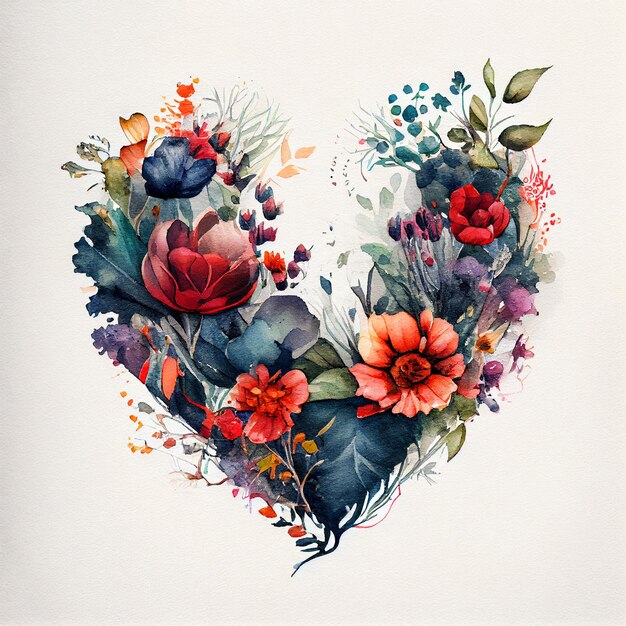 Abstract watercolor painting heart of flowers AI generated image