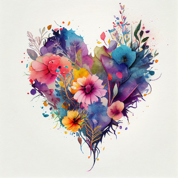 Абстрактная акварельная живопись сердце из цветов, сгенерированное AI изображение