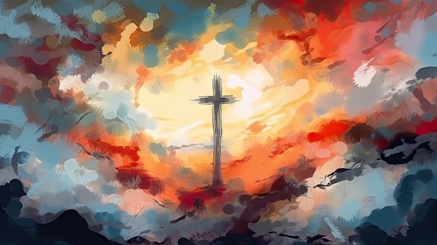 Abstract Watercolor Painting of a Religious Cross