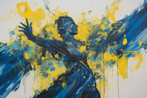 Abstract watercolor painting of Ukrainian woman in blue and yellow colors