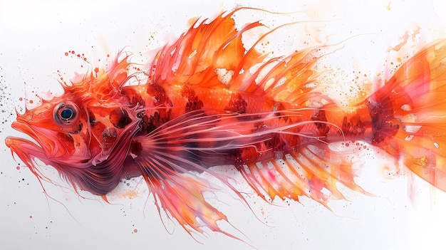 Abstract watercolor painting of a vibrant red fish with dynamic splashes suitable for artistic