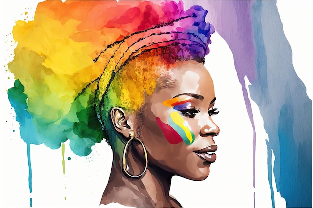 ミニマルなスタイルでレンダリングされた虹色の旗を持つ喜びに満ちたアフリカのレズビアンの抽象的な水彩画ジェネレーティブ AI