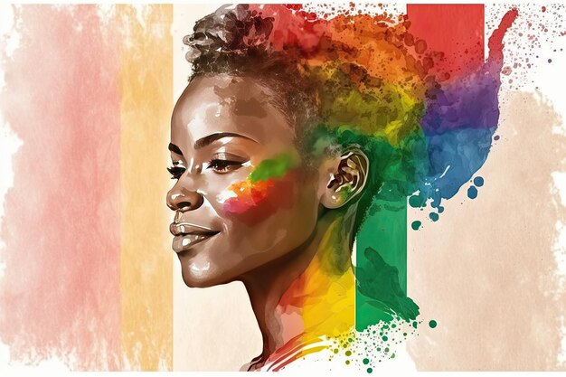 Abstract watercolor portrait of joyful African lesbian with rainbow flag rendered in a minimalistic style Generative AI