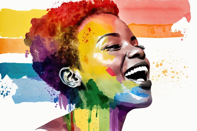 Abstract watercolor portrait of joyful african lesbian with rainbow flag rendered in a minimalistic style generative ai